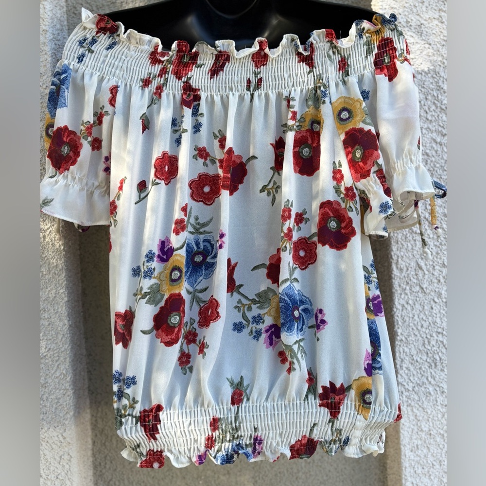 TIMING Floral Off-Shoulder Blouse - Red, Blue, Yellow Size S - Picture 3 of 9